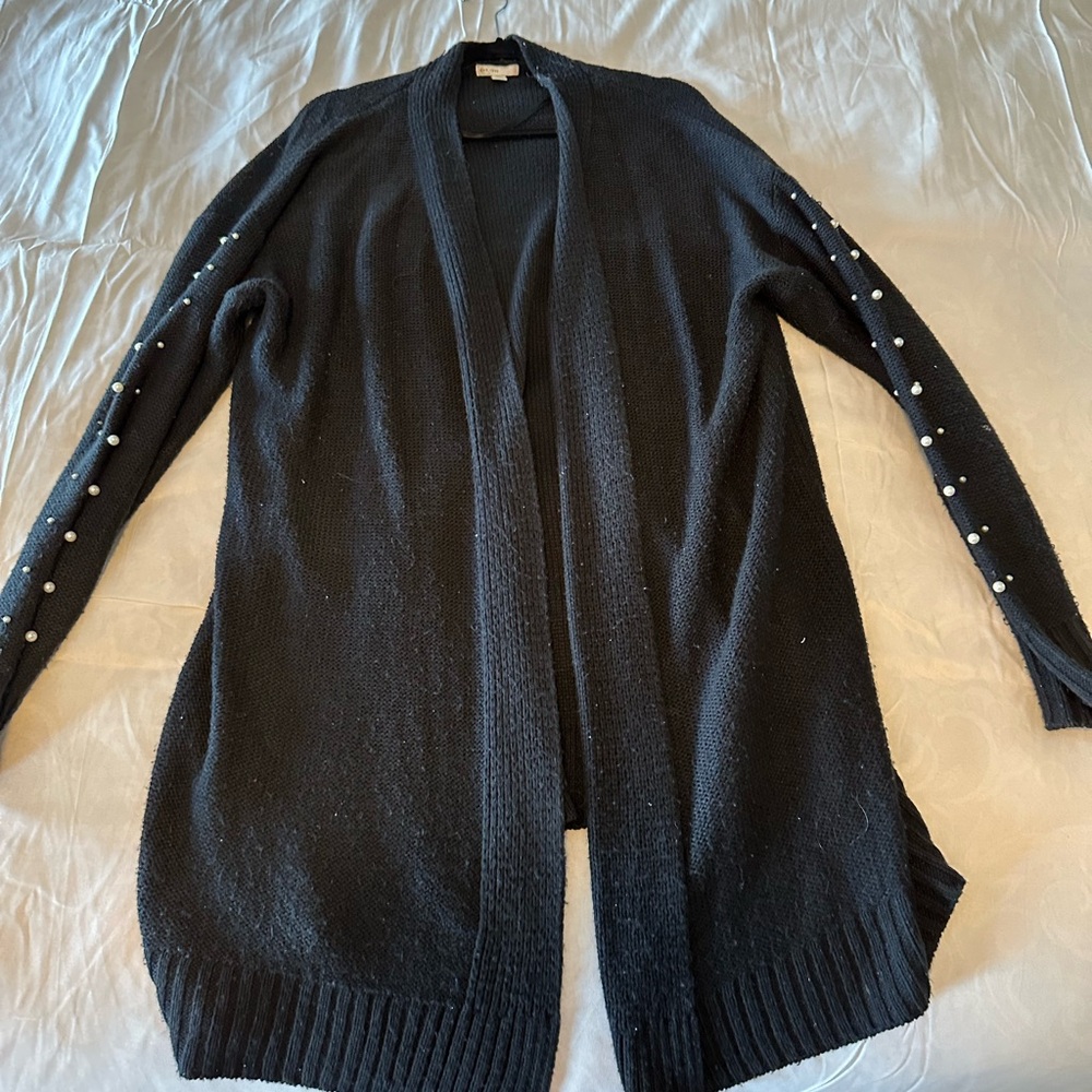 Black Open Front Sweater with Pearl Detailing